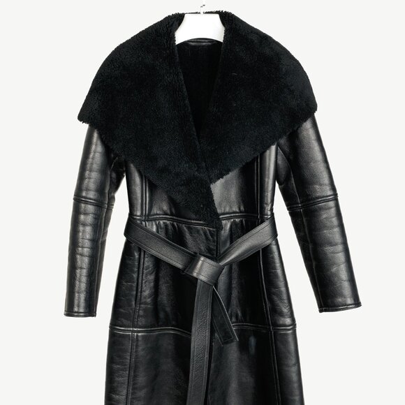 Balenciaga PF/19 Black Leather Shearling Belted Trench Coat - Picture 2 of 13